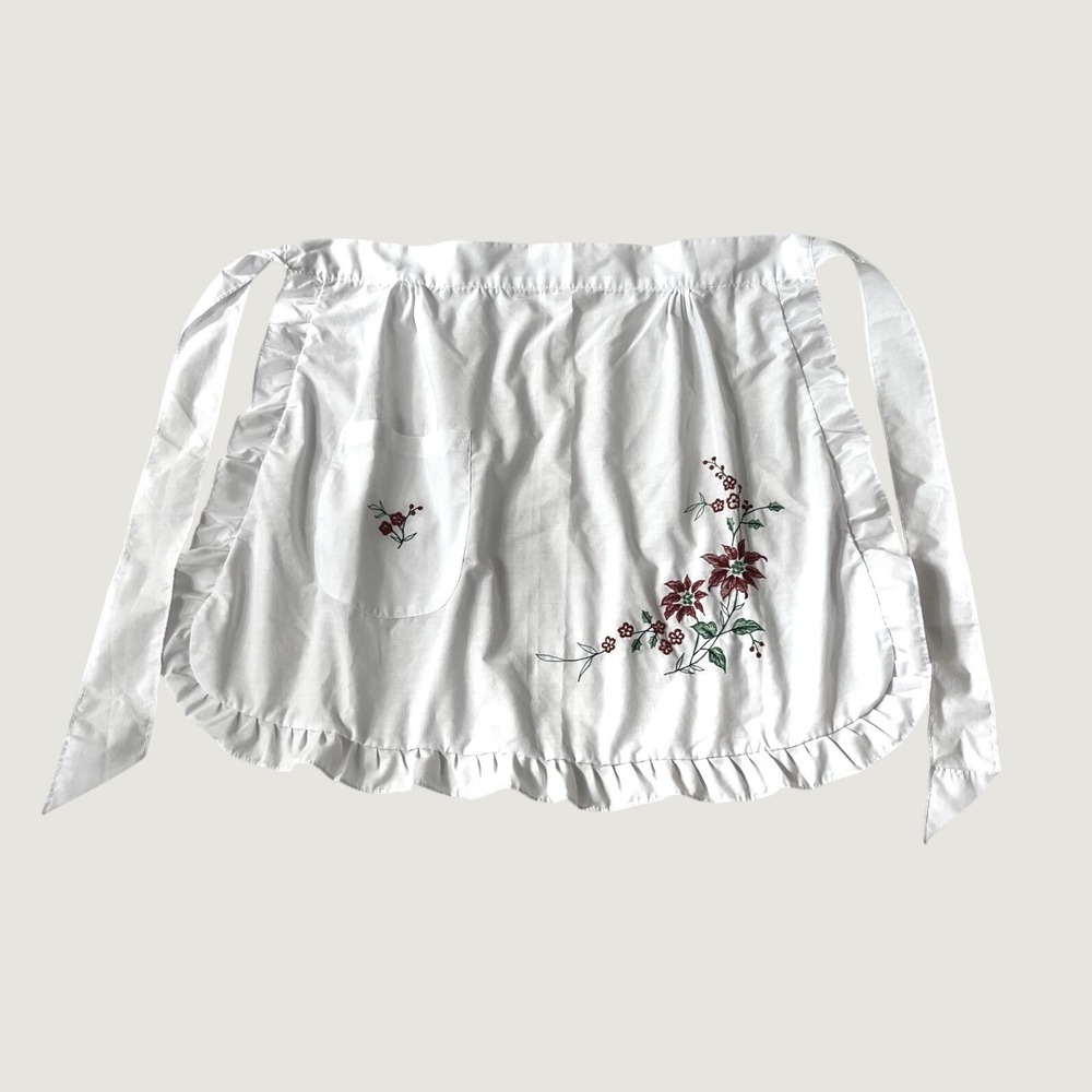 Vtg Embroidered Poinsettia Half Apron in White Gold Red Floral with Ruffle OS
